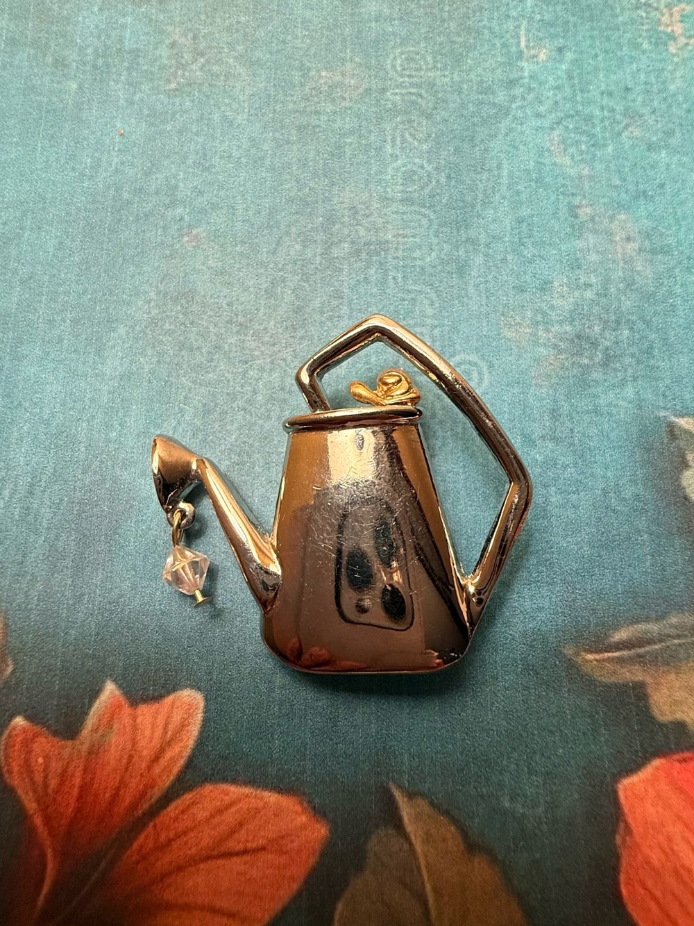 Silver Watering Can Brooch Pin with Crystal Accent